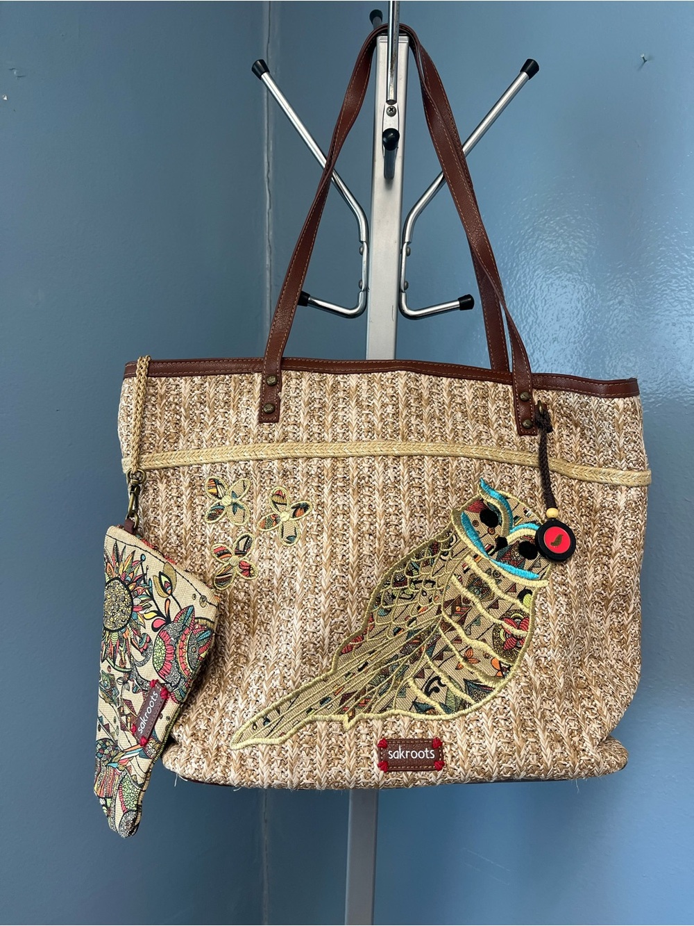 Sakroots Beige Woven Tote with Multicolor Embroidered Owl and Brown Handles